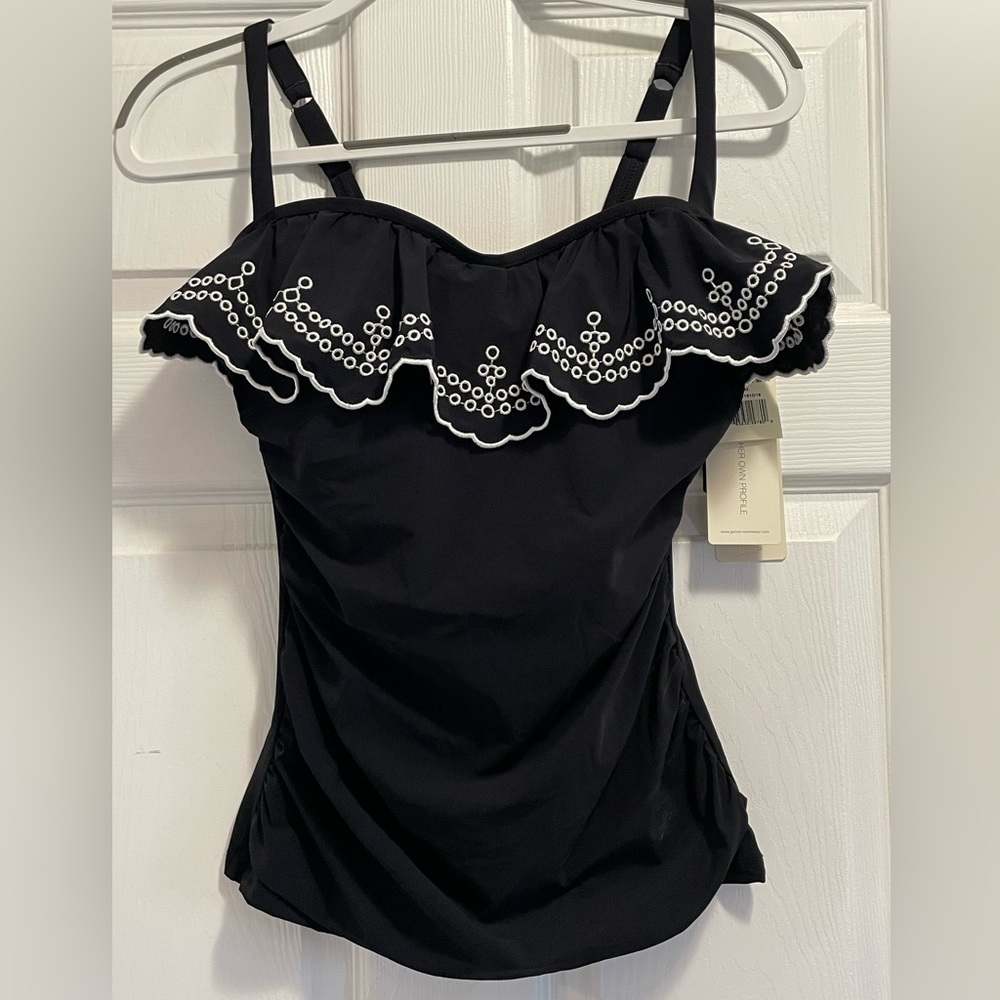 Profile By Gottex Black Tankini Top with White Eyelet Ruffle